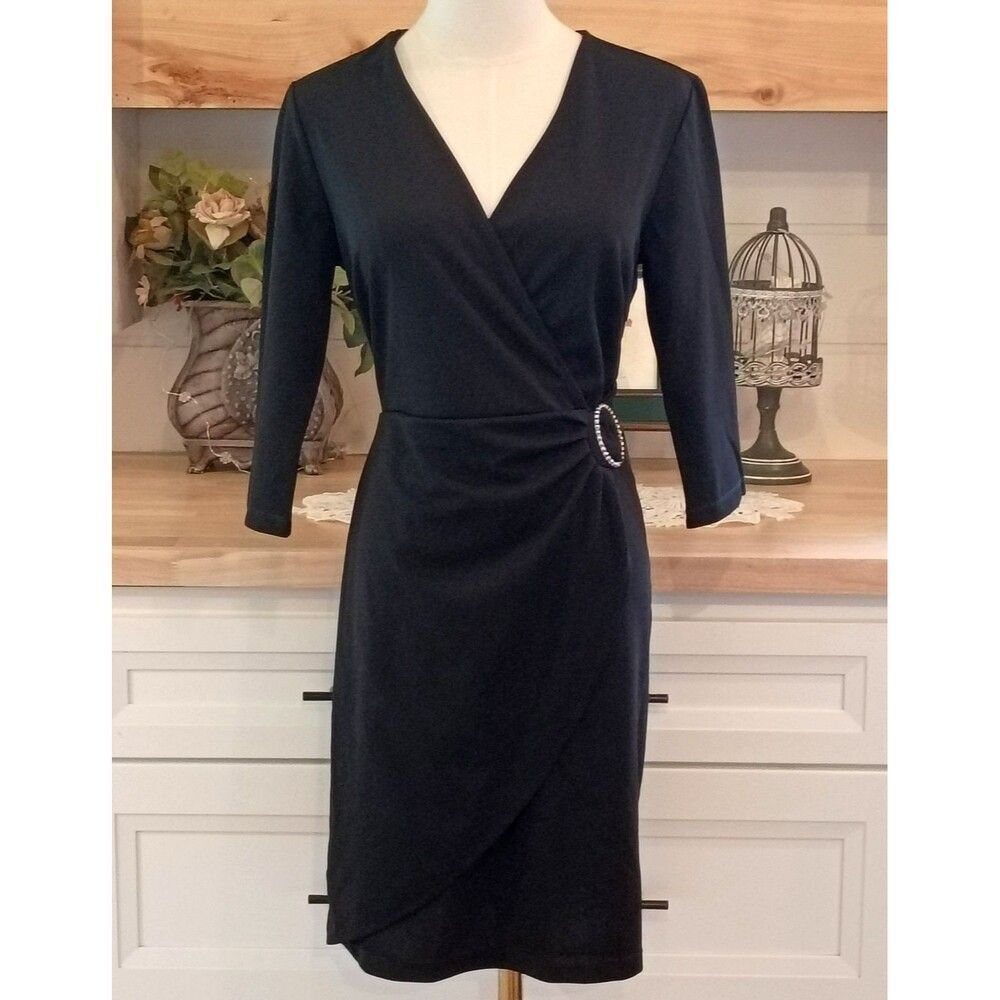 Luxology Faux-Wrap Rhinestone Buckle Dress Black Size Small Cocktail Classic